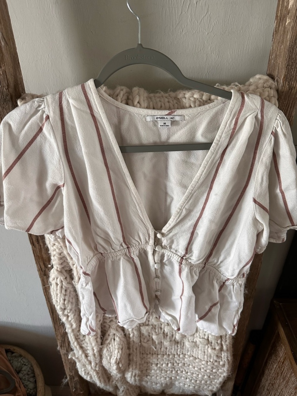 O'Neill White Top with -Beige Stripes V-Neck Peplum
